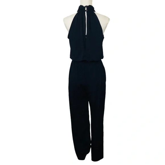 ENFOCUS STUDIO Navy Blue Sleeveless Halter Elastic Tie Waist Stretch Jumpsuit 6 - Picture 4 of 11